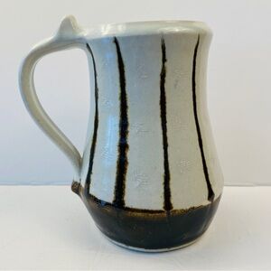 POTTERY pitcher jug vase striped brown beige textured farmhouse cottagecore